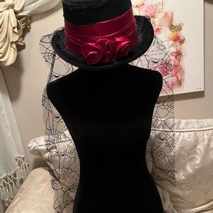 Black & Red Halloween Hat with Beautiful Satin Rose Bows & Spiderweb Viel